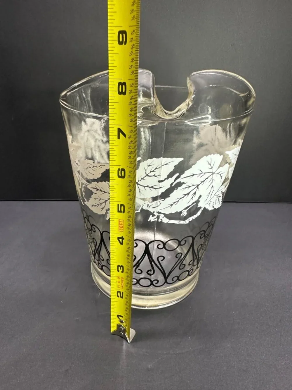 Vtg Bartlett Collin's Style Glass Pitcher Etched Grapevine Design 8.25